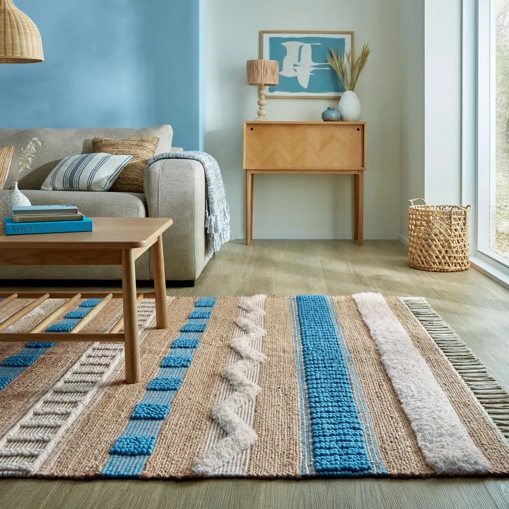 Niebiesko-naturalny dywan z mieszanki juty tkany ręcznie 160x230 cm Medina Jute – Flair Rugs