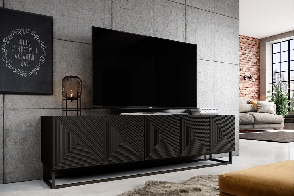 Szafka RTV Asha 200 cm z ryflowanym frontem i metalowym stelażem - czarny mat