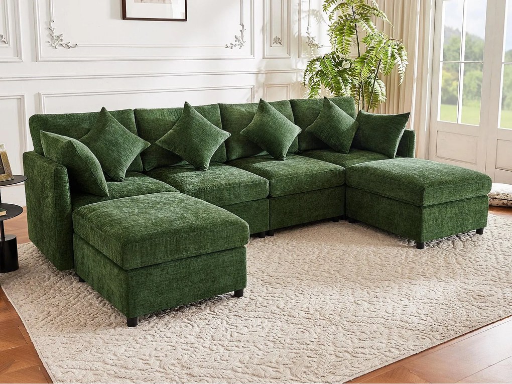 Nowoczesna kanapa - 4 osoby - przekształcalna w U i L - z 2 podnóżkami + 6 poduszkami - tkanina chenille - zielony
