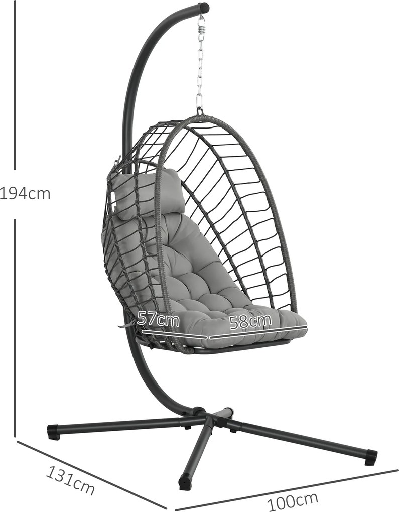 Outsunny Wiszący Fotel Ogrodowy, Odporny na Warunki Pogodowe, z 1 Poduszką, 100 cm x 131 cm x 194 cm, Jasnoszary