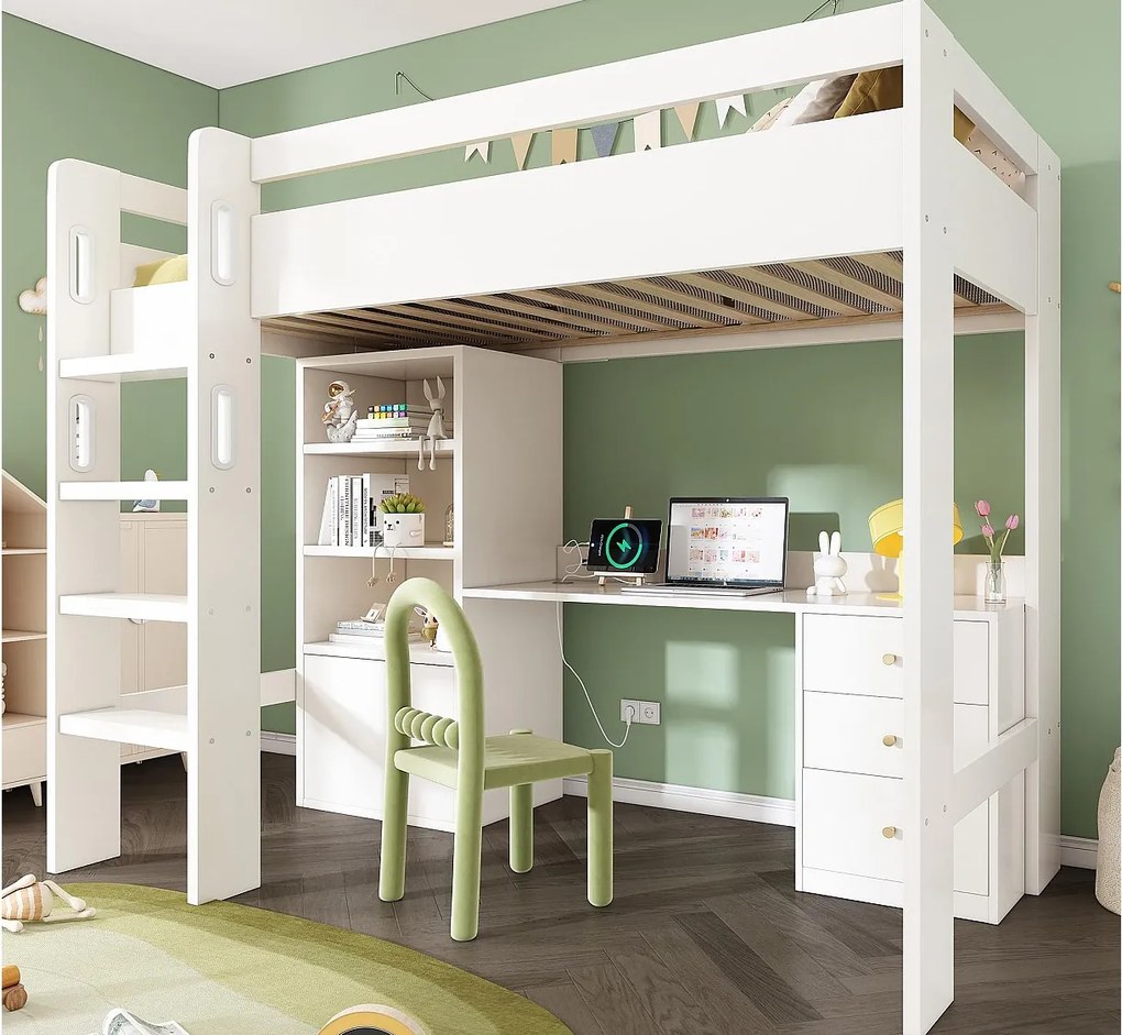 Łóżko mezzanine 90x200 cm - z drabinką bezpieczeństwa 4 stopnie - z biurkiem - z półką - z barierkami bezpieczeństwa - białe (bez materaca)