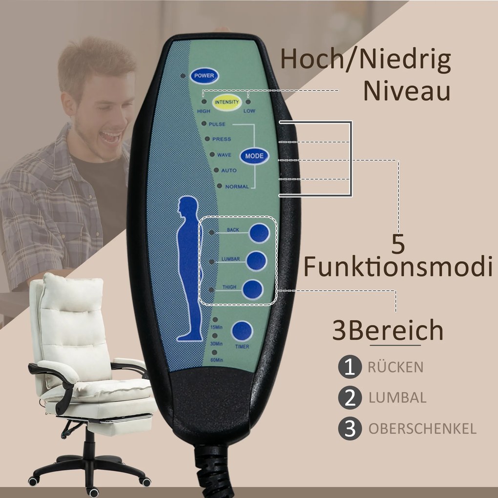 Vinsetto Krzesło Biurowe z Masażem, Fotel do Pracy z Funkcją Masażu, Regulowany Ergonomiczny Fotel Obrotowy, Nylon, Kremowy