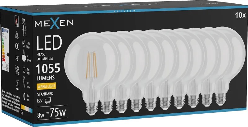 Mexen Vintis 10x żarówka filament LED E27, G125, 8W, Ciepła - 2700K, 1055 lm, clear - L158-E27-0827-00x10
