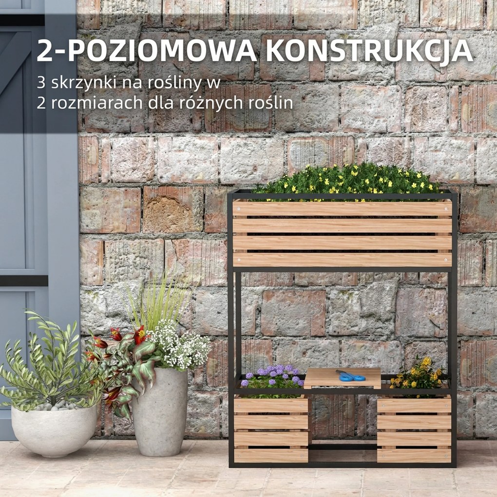 Outsunny Skrzynka na Kwiaty Podwyższony Grząd, Odporny na Warunki Atmosferyczne, 3 Skrzynki do Sadzenia, 83 cm x 39 cm x 100 cm, Naturalny + Czarny