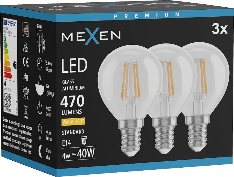 Mexen Vintis 3x żarówka filament LED E14, G45, 4W, Ciepła - 2700K, 470 lm, clear - L156-E14-0427-00x03