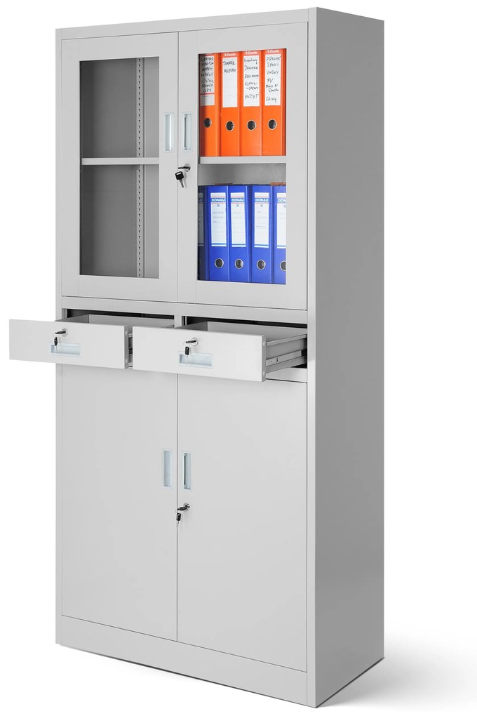 Biurowa przeszklona szafa metalowa na akta z szufladami EDMUND, 900 x 1850 x 400 mm, szara