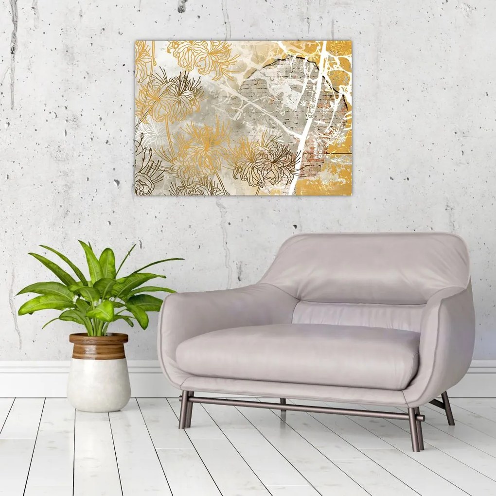 Obraz - Ściana w stylu vintage z kwiatami (70x50 cm)