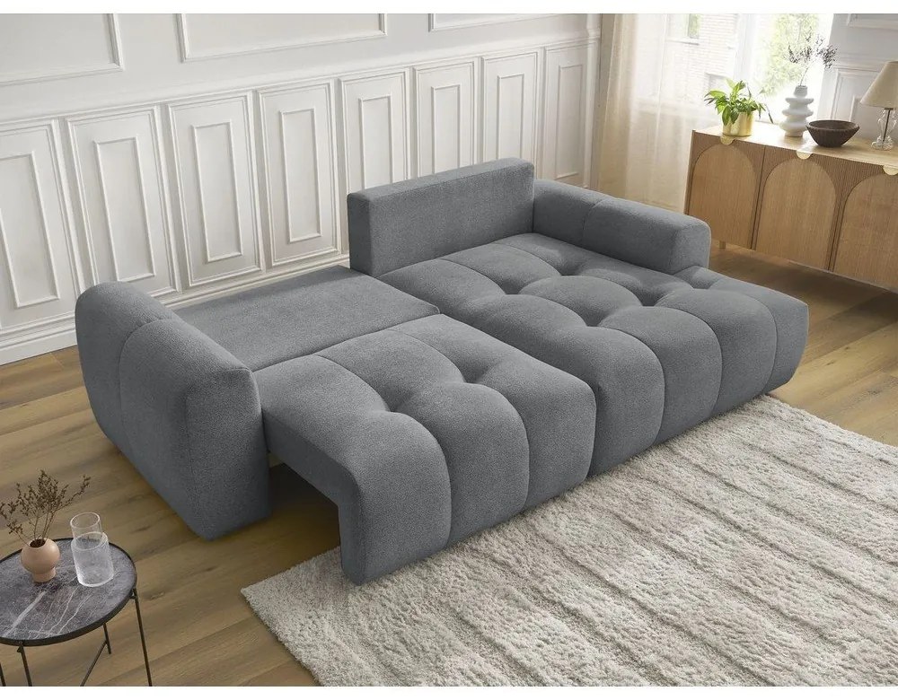 Szary rozkładany/ze schowkiem narożnik z tkaniny szenilowej (prawostronny/z szezlongiem) Roxelane – Bobochic Paris