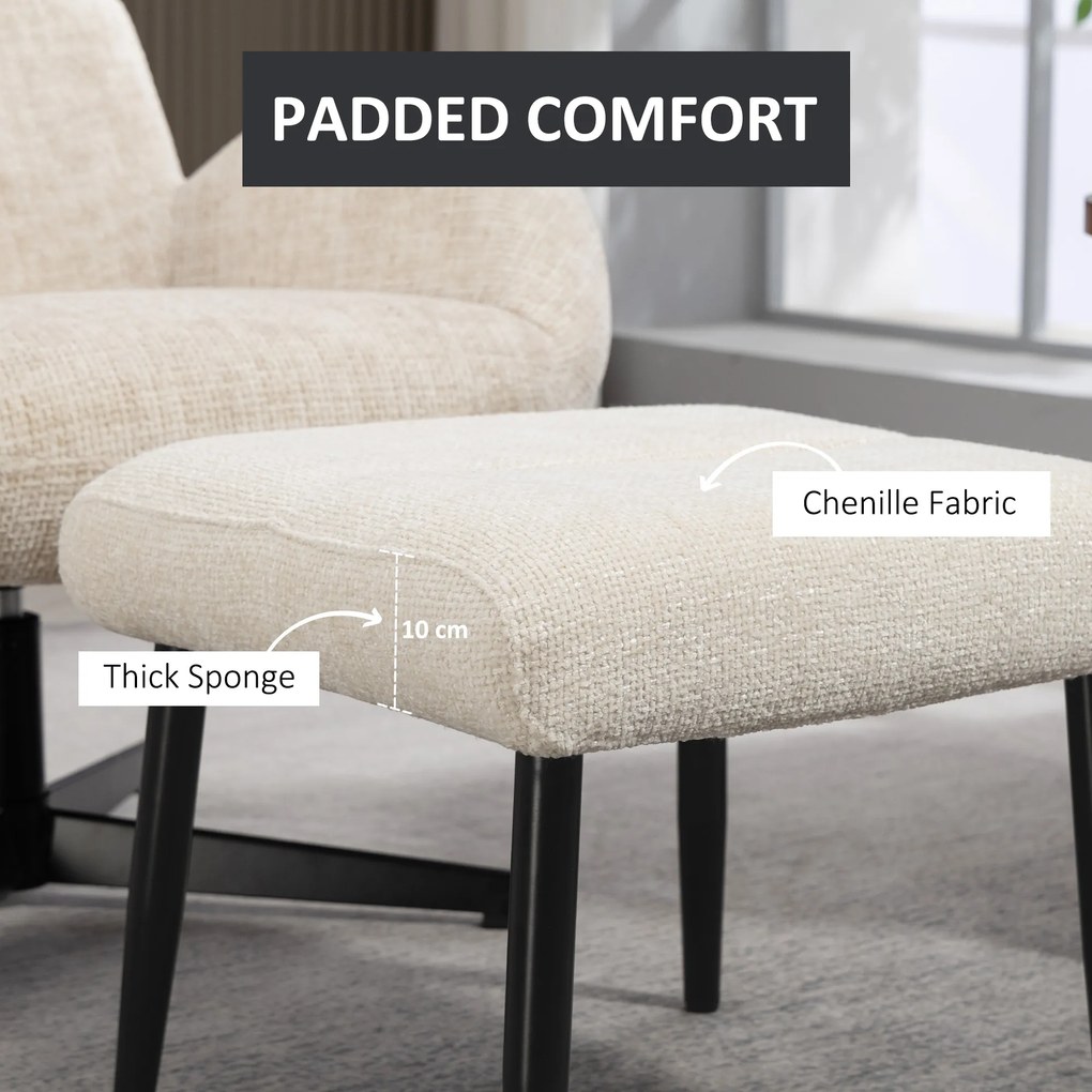 HOMCOM Pufa z miękką poduszką siedziska stalowe nóżki podnóżek z tkaniny Chenille, 45 x 41 x 38 cm, kremowobiały