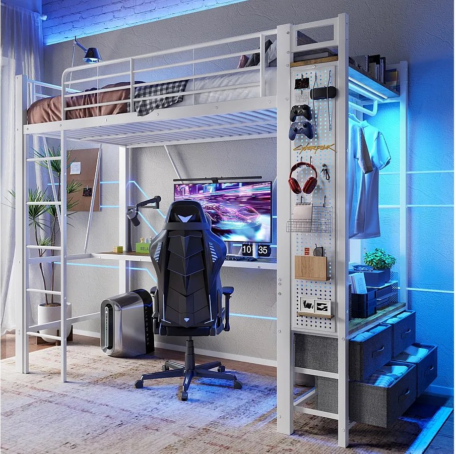 Łóżko piętrowe dla dzieci - 90 x 200 cm - konstrukcja żelazna - z biurkiem + 4 szuflady + diody LED - metalowe - białe