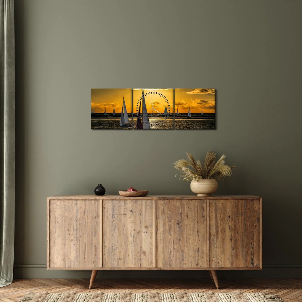 Obraz jachtu o zachodzie słońca (z zegarem) (90x30 cm)