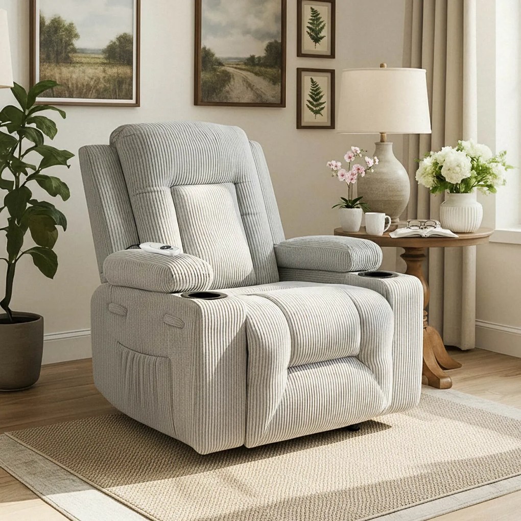 Fotel Masujący BOX Rozkładany Wypoczynkowy z Podnóżkiem Szary Sztruksowy Nowoczesny