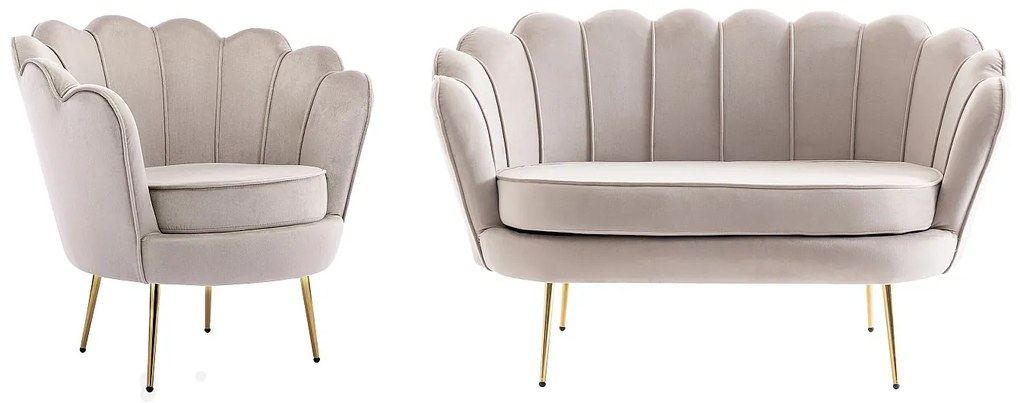 Kanapa 2 osobowa i fotel muszla z brązowoszarego weluru - DANDELION