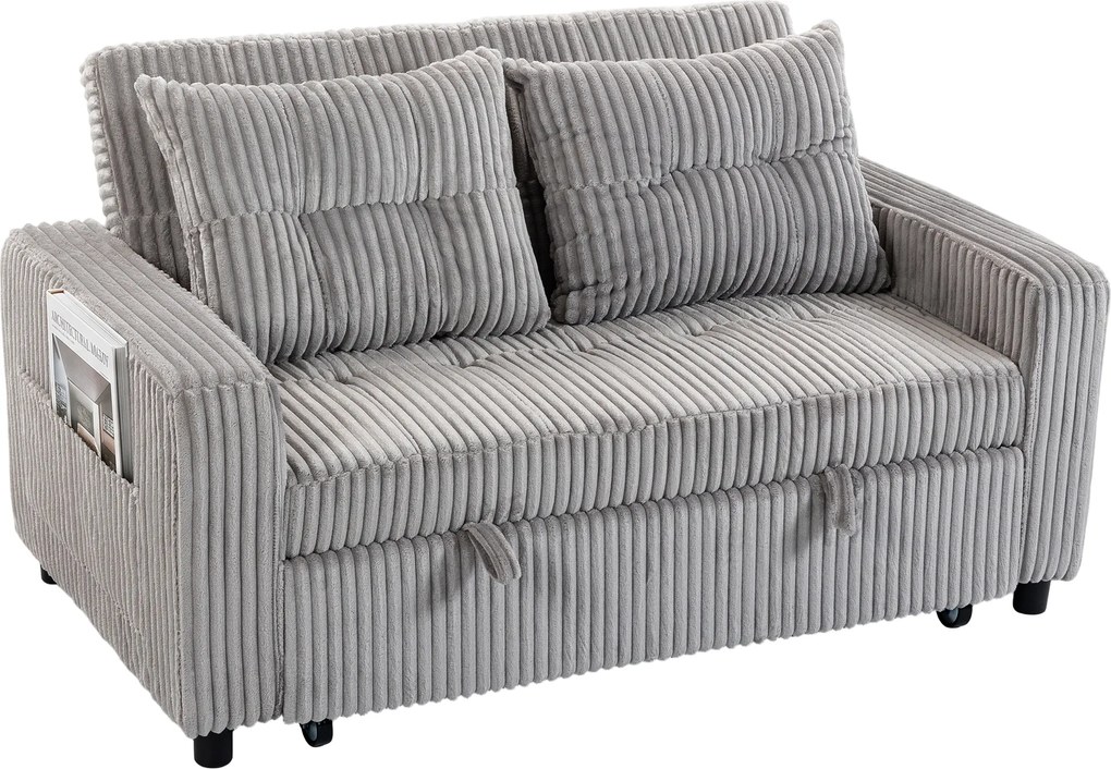 HOMCOM 2-osobowe łóżko-sofa, pokrycie sztruksowe, przekształcalne w sofę rozkładaną, 2 poduszki, kieszenie boczne, 157 x 190 cm, Jasnoszary | Aosom PL