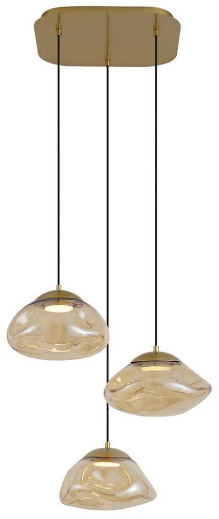 Lampa wisząca Hotel Chic mosiężna z bursztynowym szkłem 3-punktowa - Gus