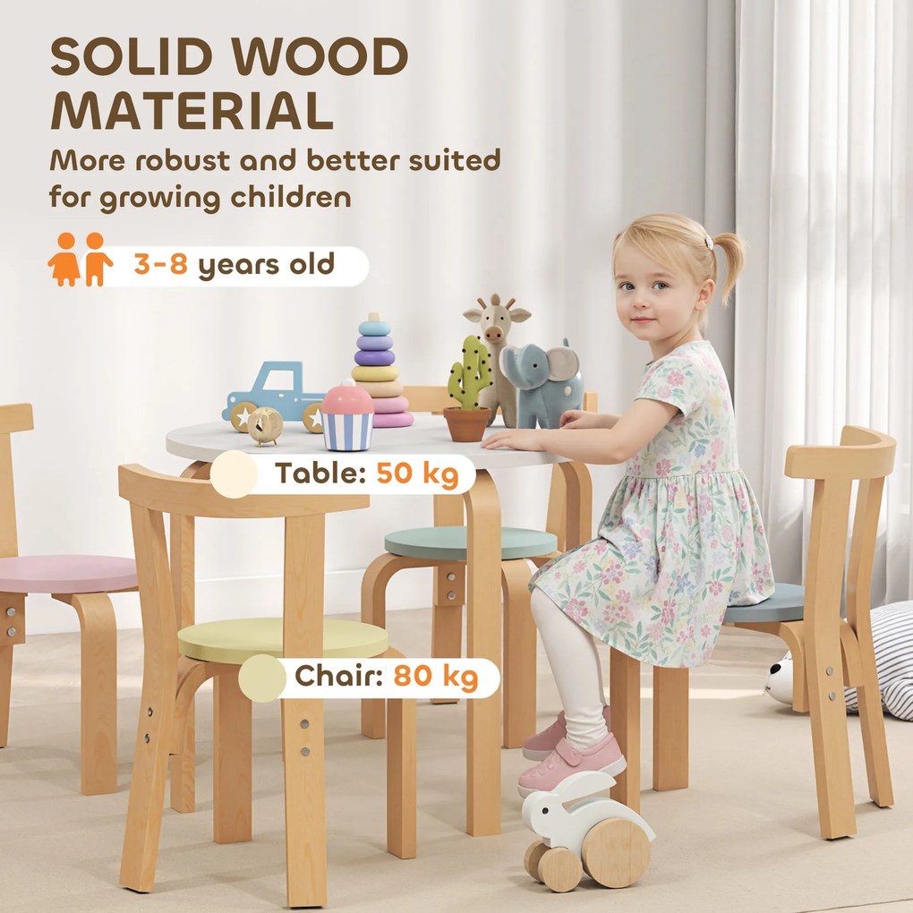 AIYAPLAY 5-częściowy zestaw stolik i krzesła dla dzieci, lekkie lite drewno, kolorowy