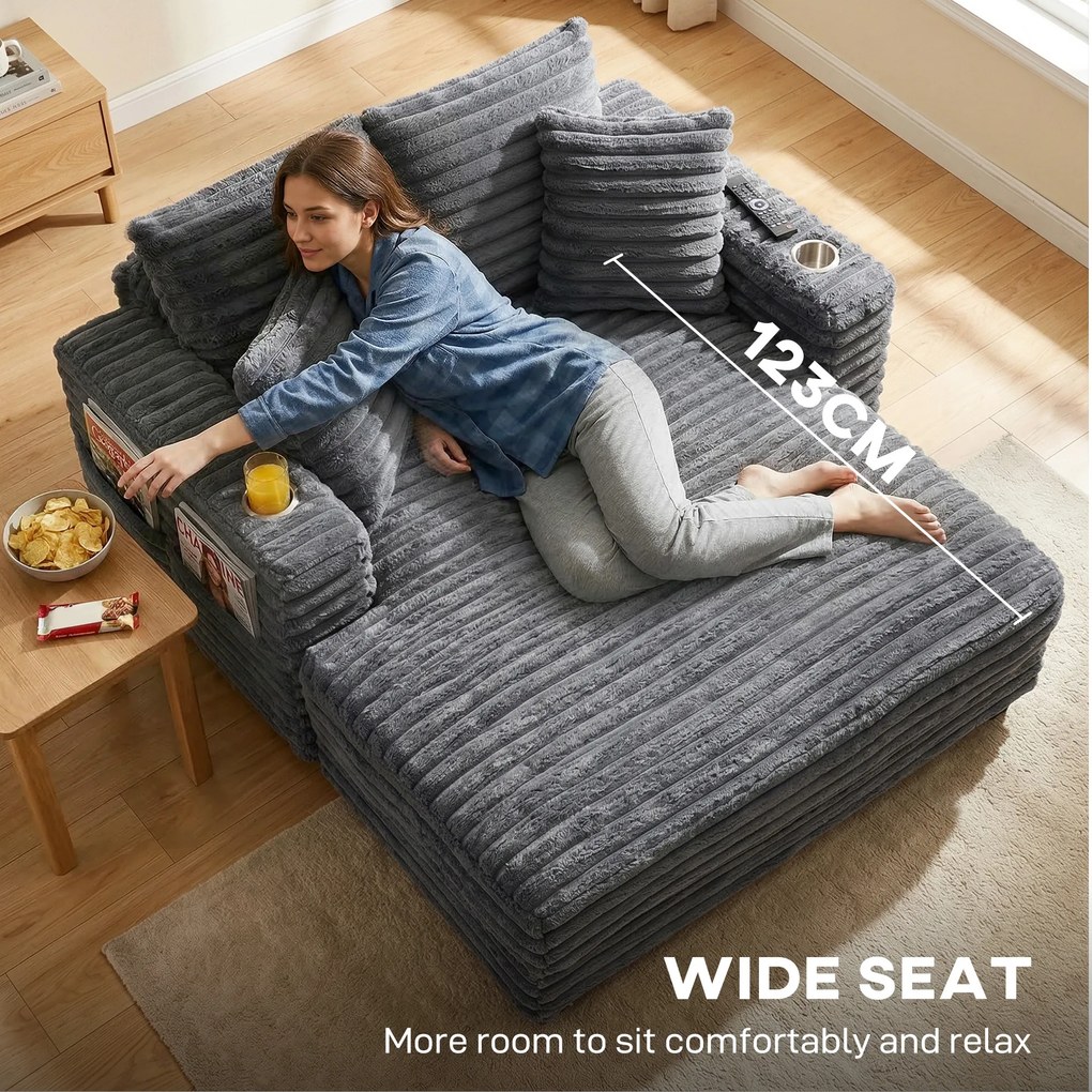 HOMCOM Szezlong 2-osobowy, sofa z funkcją spania 134 x 151 cm z uchwytami na napoje, do salonu, szara | Aosom PL