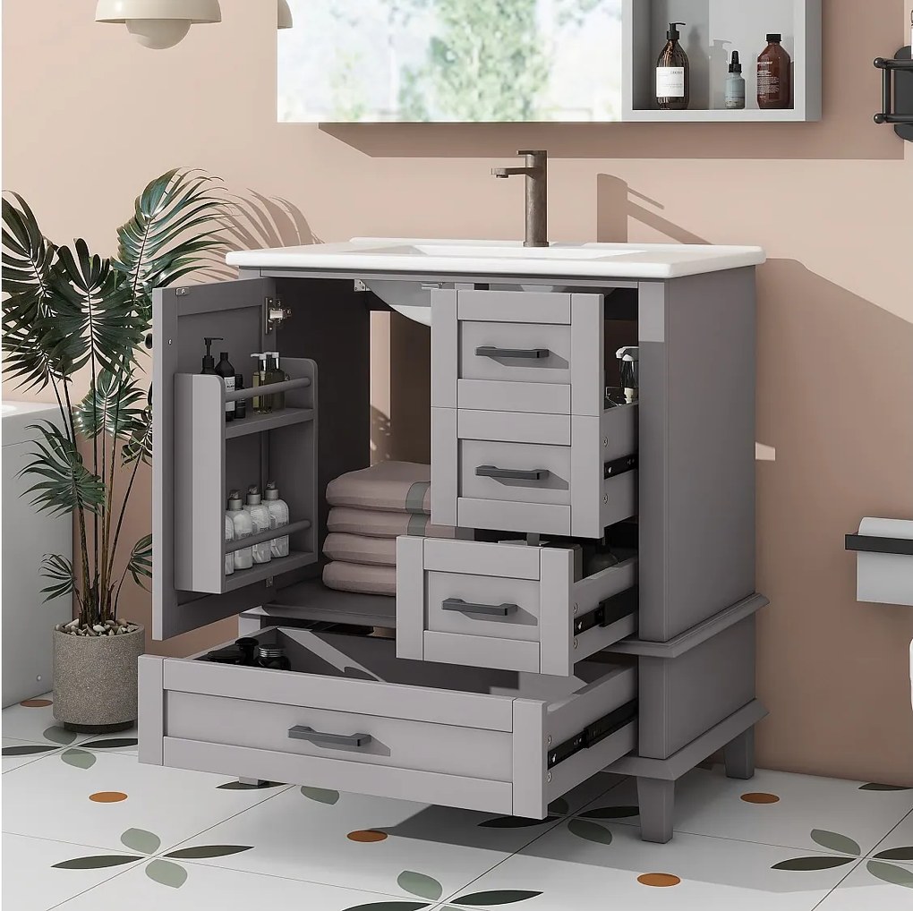 Stojąca szafka pod umywalkę pojedynczą - 76 x 46 x 83,5 cm - z umywalką ceramiczną - ze schowkiem - Ceramika + MDF - szara (Bateria nie jest dołączona)