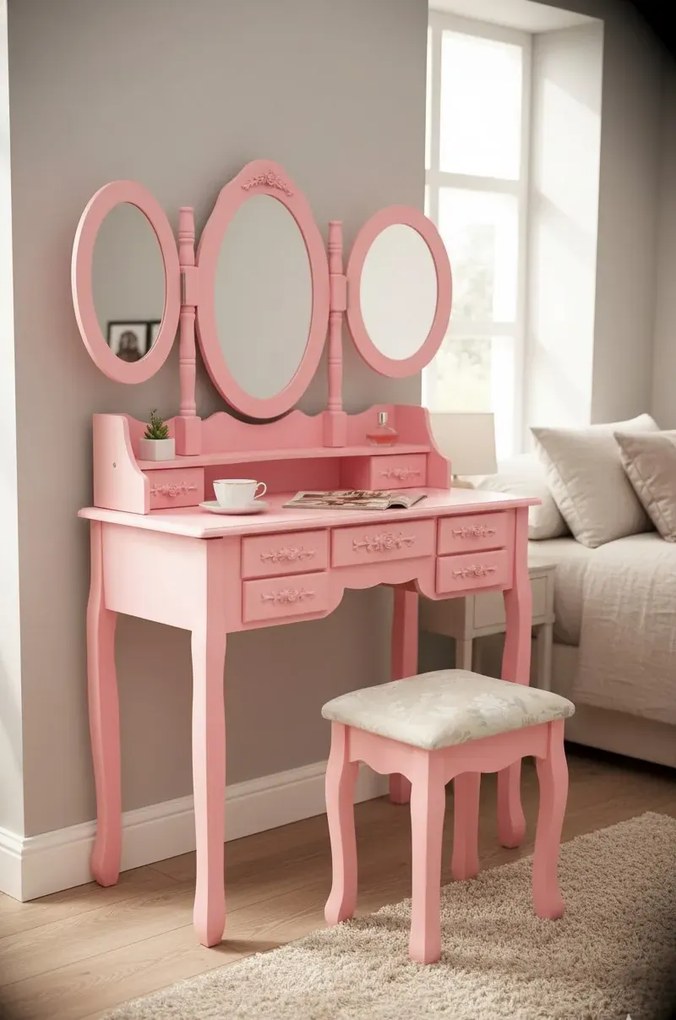 Różowa toaletka z lustrem i stołkiem w stylu rustykalnym D5-H66