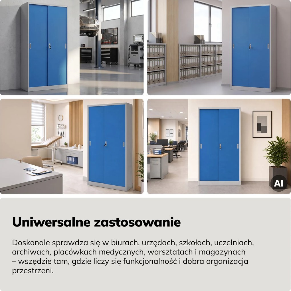 Szafa metalowa biurowa z drzwiami przesuwnymi szaro-niebieska, 900x1850x400 mm: KUBA
