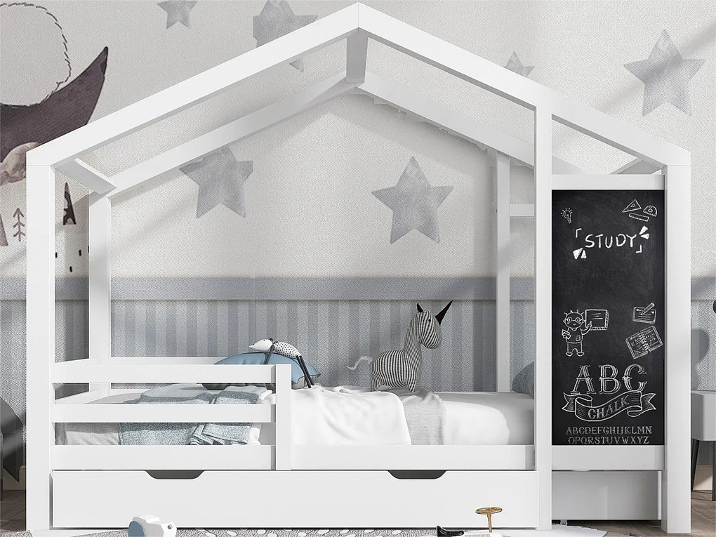 Łóżko piętrowe 90x200cm - z litego drewna - z tablicą do pisania i 2 szufladami - Białe