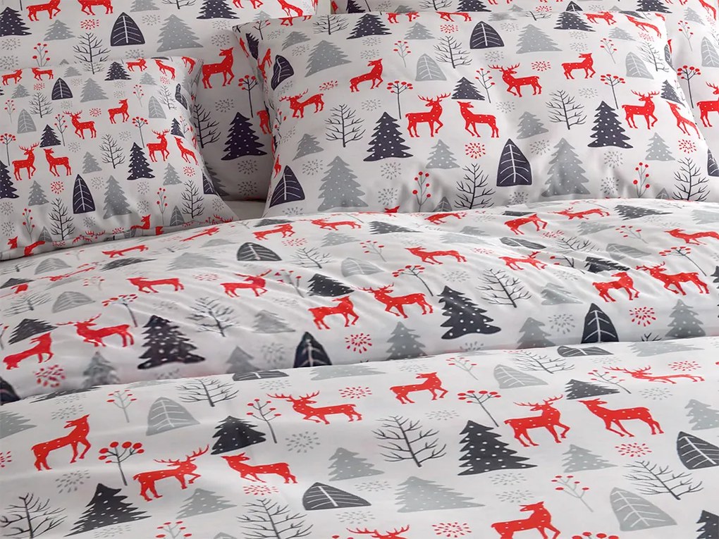 PrzytulneMieszkanie.pl PrzytulneMieszkanie.pl Flanelowa pościel RED DEERS AND TREES biała Rozmiar pościeli: 2 szt 70 x 90 cm | 200 x 220 cm