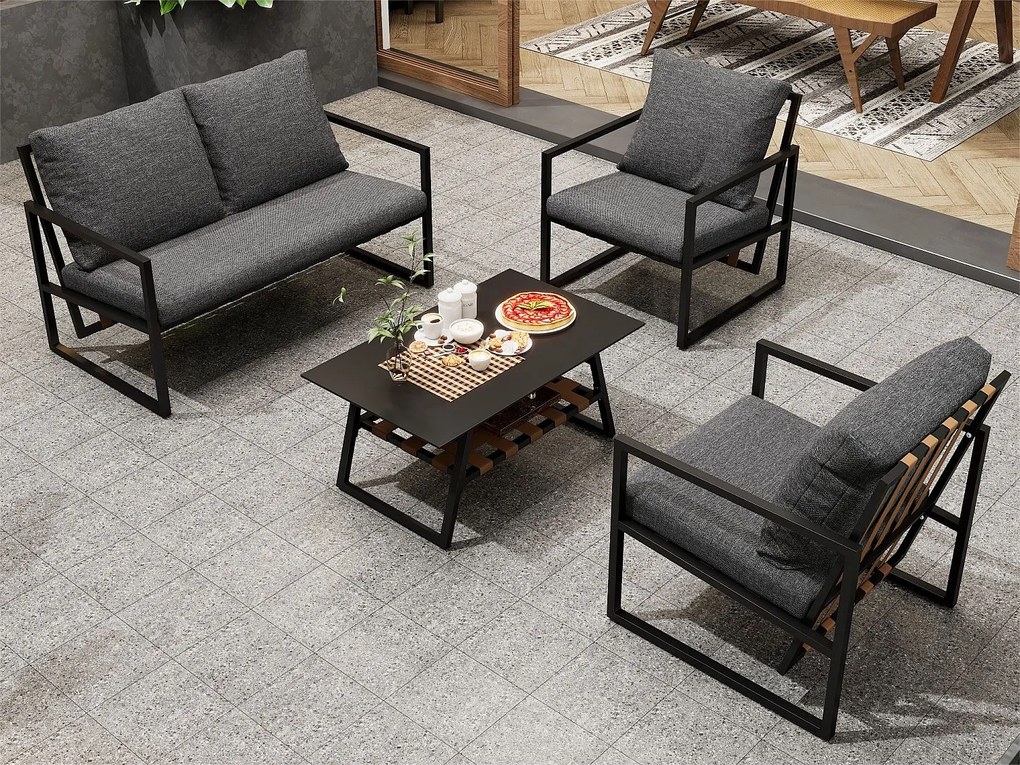 Zestaw mebli ogrodowych ze stali ocynkowanej 4-osobowy: 1 sofa + 2 krzesła + 1 stolik kawowy z 2 półkami - 7 poduszek na siedziska i oparcia - czarny