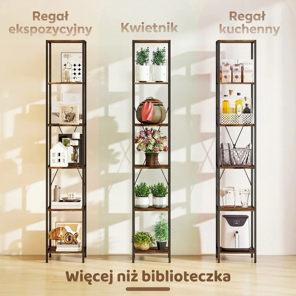 HOMCOM Zestaw 2 regałów 6-poziomowych, rama stalowa, do salonu, biura, sypialni, Rustykalny-Brąz
