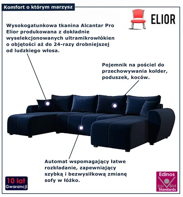 Granatowy rozkładany narożnik welurowy w kształcie U W2-D85