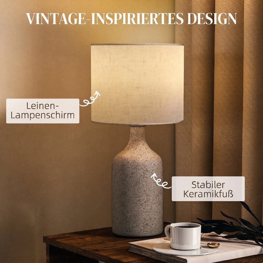 HOMCOM Lampa stołowa, lampka nocna z ceramiczną podstawą, lnianym abażurem, 22x22x45 cm piaskowy+beżowy | Aosom PL