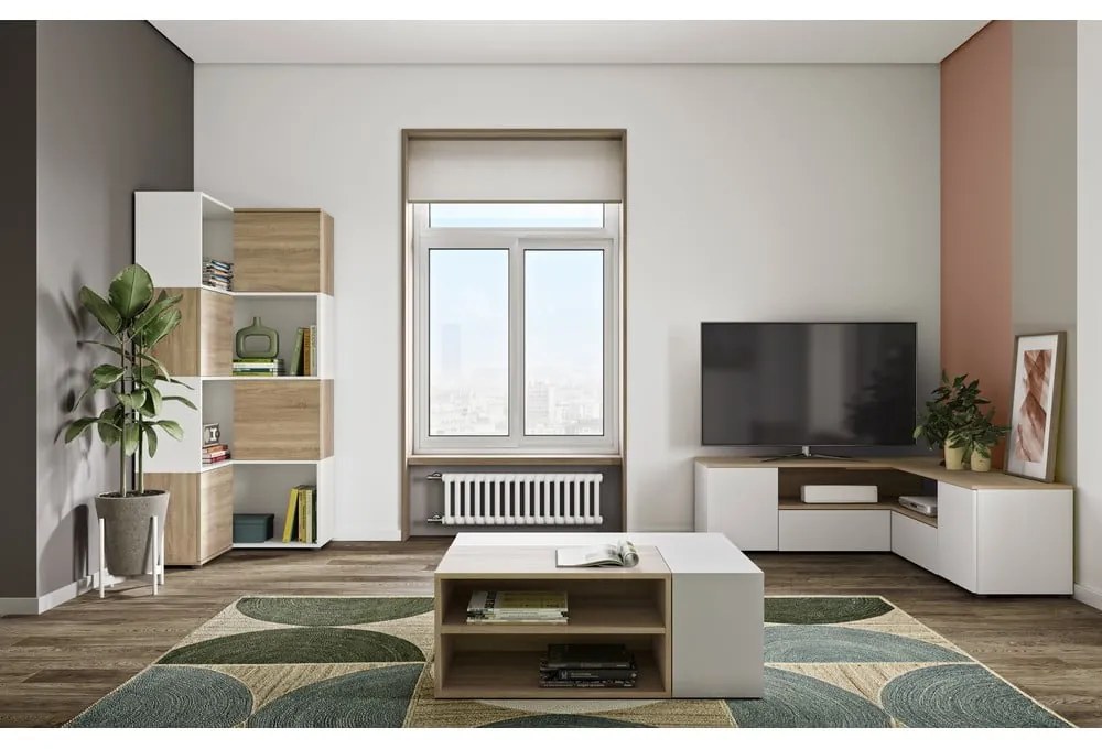 Biała szafka pod TV w dekorze dębu 130x46 cm Angle – TemaHome
