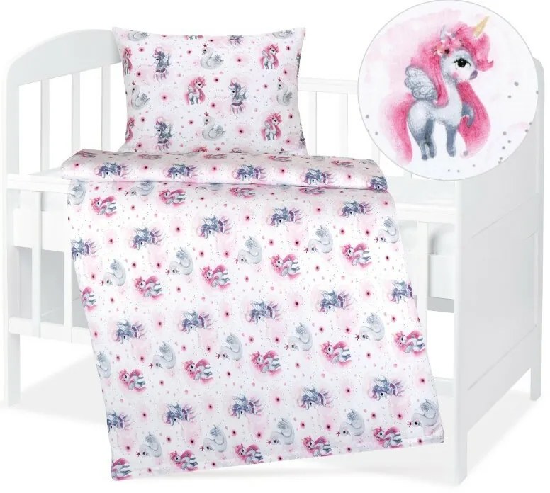 Bellatex Bawełniana pościel do łóżeczka Agata Unicorn różowy, 90 x 135 cm, 45 x 60 cm