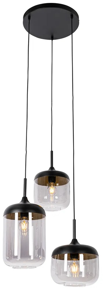 Lampa wisząca czarna ze złotem i przydymionym szkłem 3-światłowa okrągła - KyanDesignerski Oswietlenie wewnetrzne