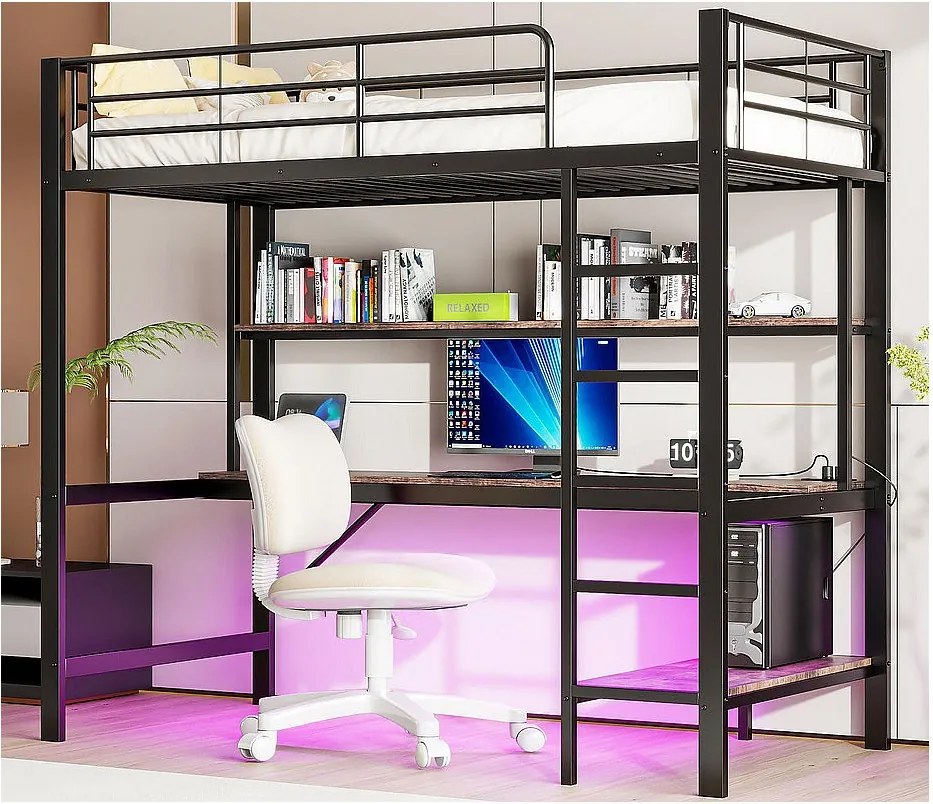 Łóżko mezzanine 90x200 cm - z barierkami - z drabiną - z USB i gniazdkami - z oświetleniem LED - z biurkiem + wielopoziomowymi półkami - czarne (bez materaca)