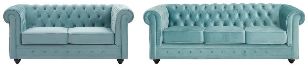 Kanapy 3-osobowa i 2-osobowa z weluru w kolorze pastelowym niebieskim CHESTERFIELD