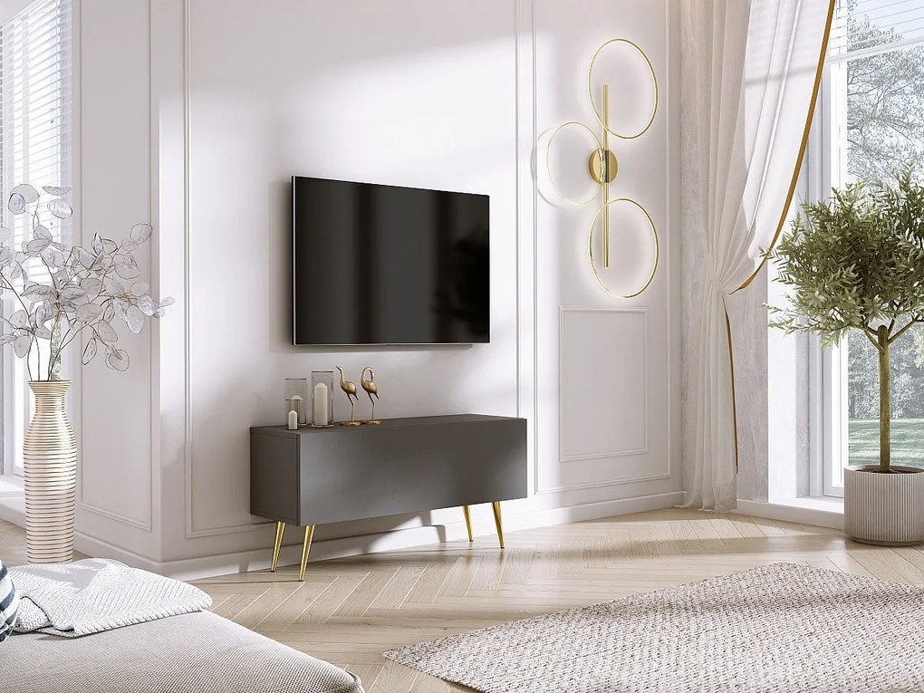 Szafka RTV w kolorze antracytowym, złote nogi, 100 x 52 x 32 cm