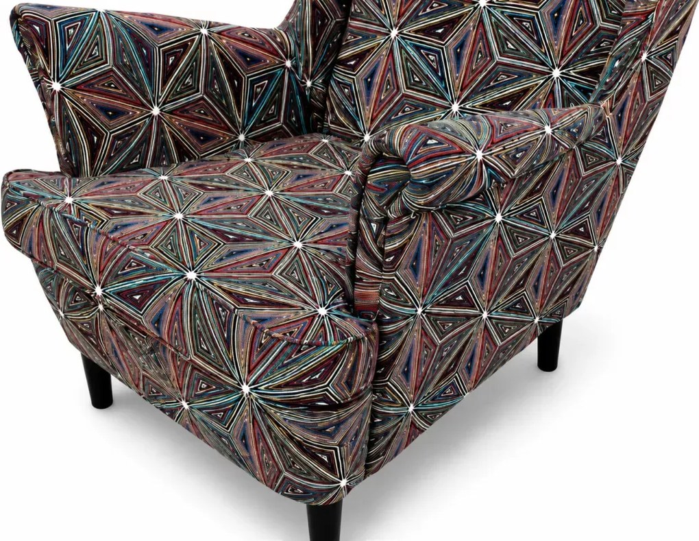 Tapicerowany fotel uszak Malawi w geometryczne wzory