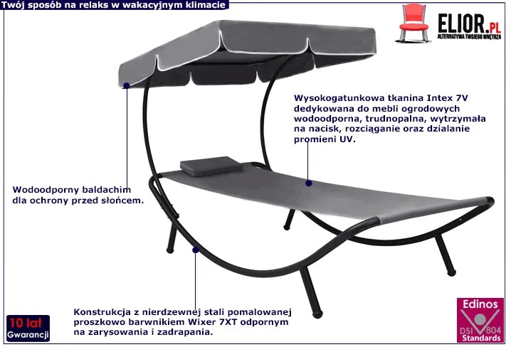 Szary leżak ogrodowy z baldachimem - Pafos 2X