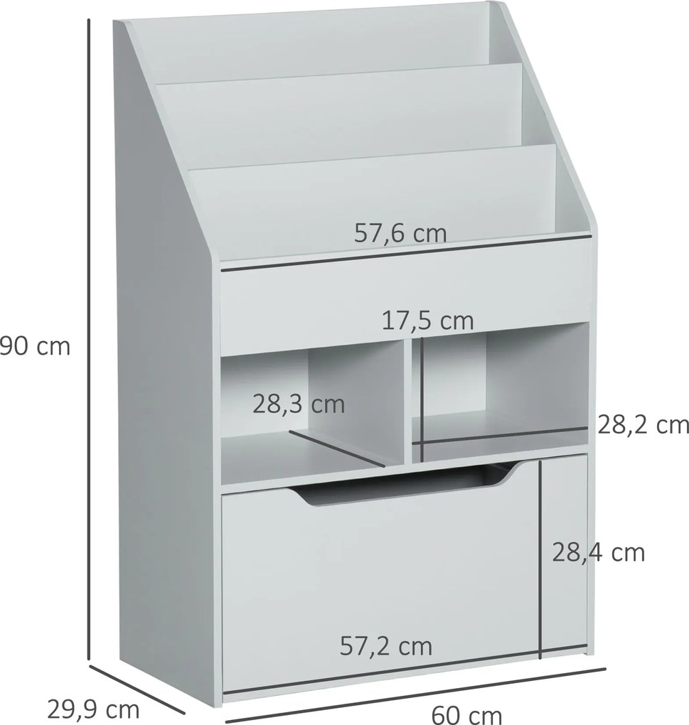 HOMCOM Regał Dziecięcy z Szufladą, Regał na Książki z Przegrodami, 60 x 29,9 x 90 cm, Szary