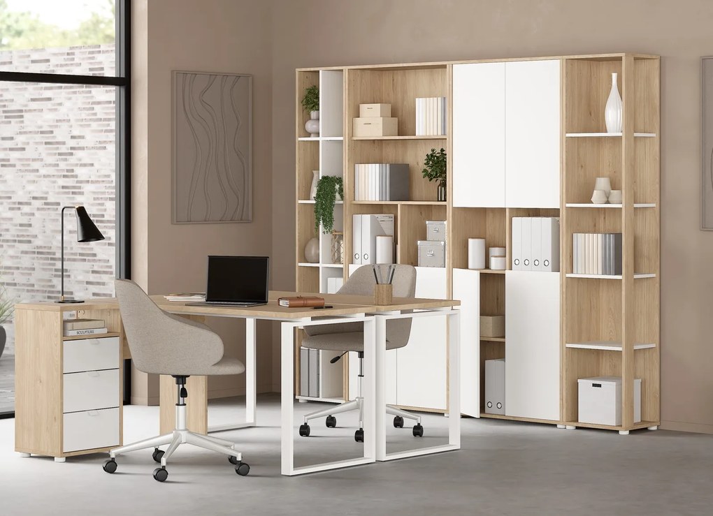 Wąski regał biurowy dwurzędowy 4 półki Sign 40 jackson hickory/biały mat