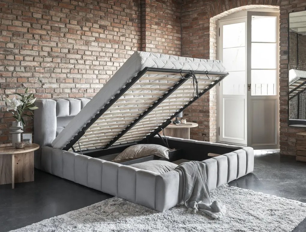 Łóżko tapicerowane LAMICA VELVET 160x200 jasnoszare z pojemnikiem ELTAP