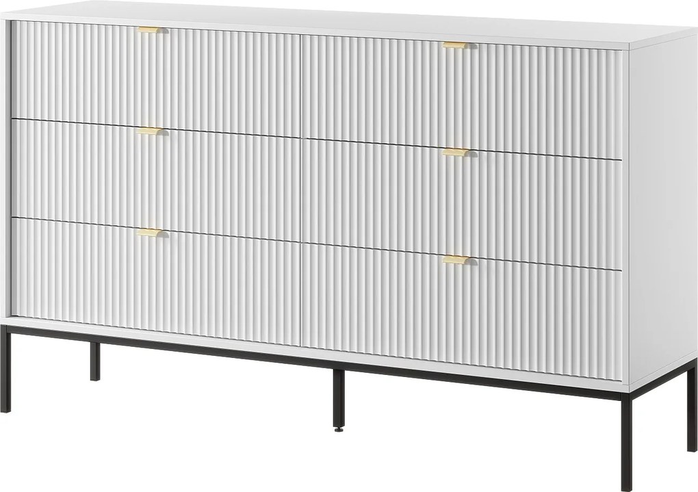 Komoda: 6 szuflad, biała, nogi czarne, 154 x 39 x 83 cm, uchwyty złote