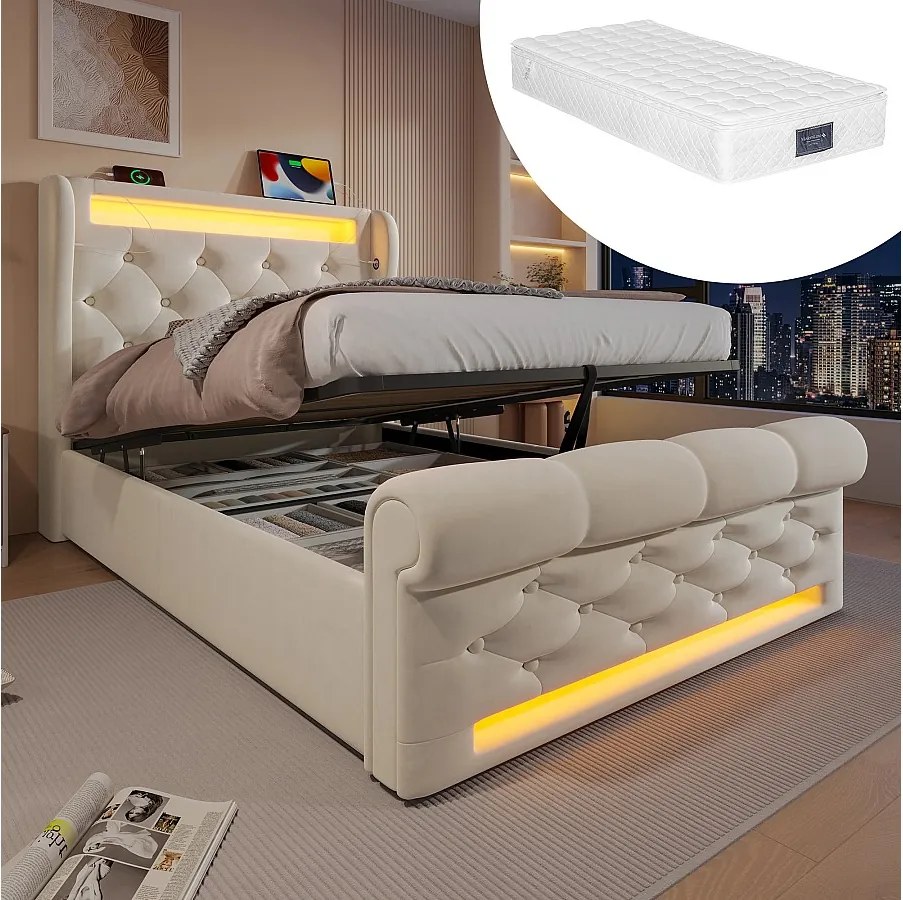 Łóżko tapicerowane ze schowkiem - 90 x 200 cm - z diodami LED - zagłówek ze schowkiem i USB - z materacem - aksamit - beż