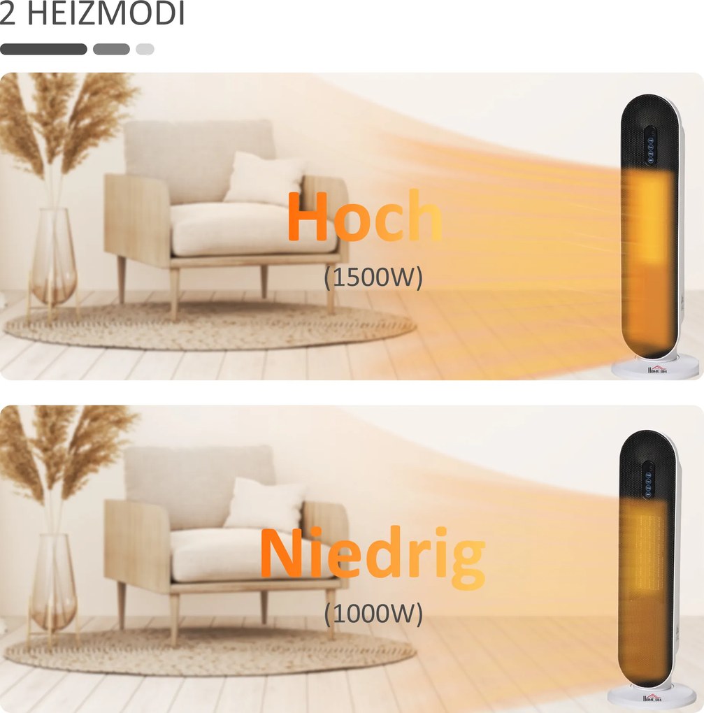 HOMCOM Grzejnik termoelektryczny 2000 Watt   Zdalne sterowanie 24-godzinny timer Oscylacja Metal, Plastik Biały + Czarny 21 x 21 x 63,5 cm