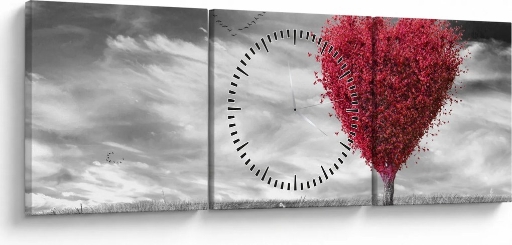 Obraz - serce z koroną drzewa (z zegarem) (90x30 cm)