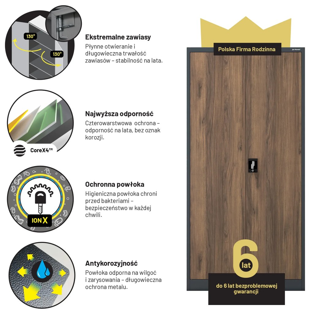 Szafa na dokumenty biurowa metalowa antracytowa/ orzech: Eco Design JAN H, 900 x 1950 x 400 mm