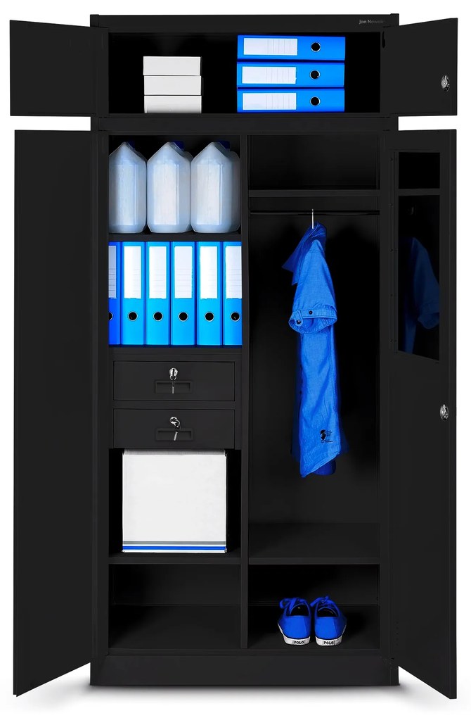 Wielokomorowa szafa socjalna z miejscem na ubrania BORYS, 900 x 1850 x 500, czarna