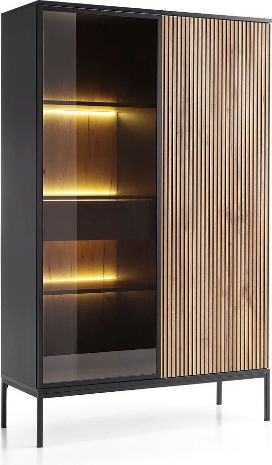 Emporius Haller witryna z szufladą - w stylu loft, szklane drzwi, oświetlenie LED - witryna 100 cm do salonu z lamelami