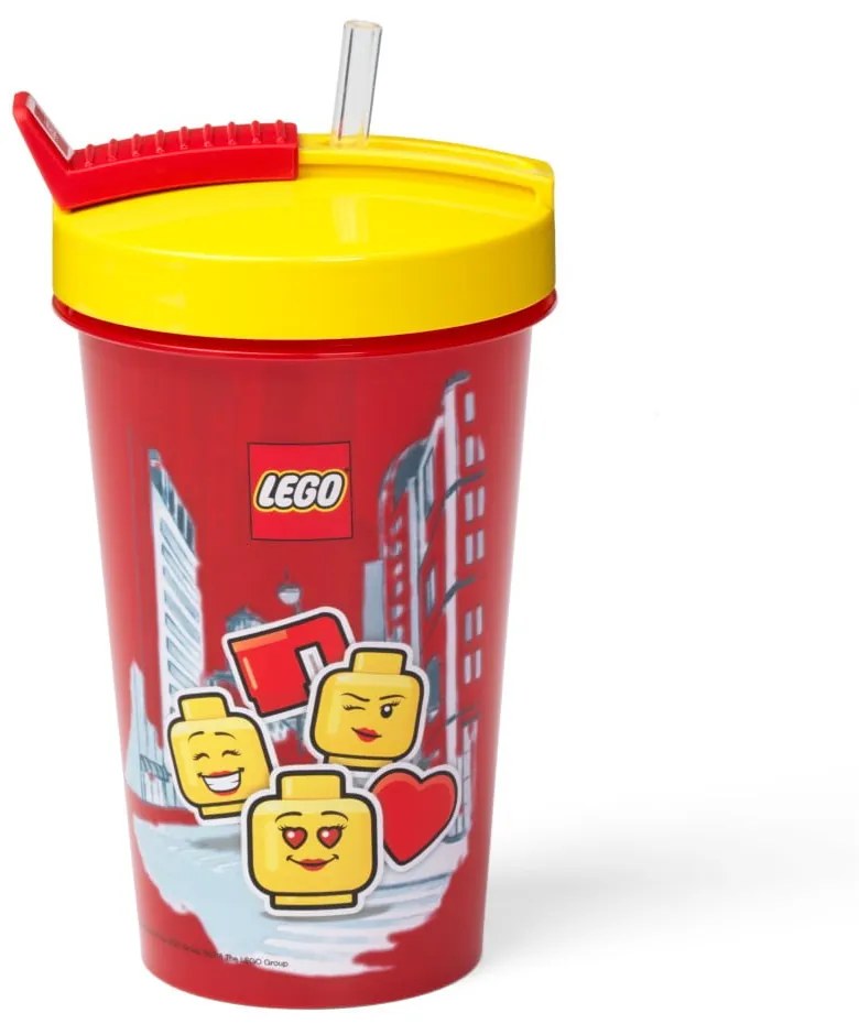 Czerwony kubek podróżny z żółtym wieczkiem i słomką LEGO® Iconic, 500 ml