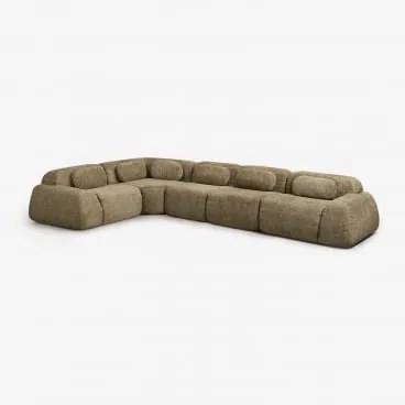Sofa Modułowy Narożny 5-częściowy Z Tkaniny Chenilla, Pakowany Próżniowo Merida Szenila Gruba Szałwiowa Zieleń - Sklum